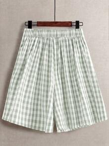 SHEIN LUNE CURVE 加大码女式夏季休闲/通勤黑白格子弹力腰圆边开衩设计中国结装饰纽扣短裤 - 綠色 - 查看 2