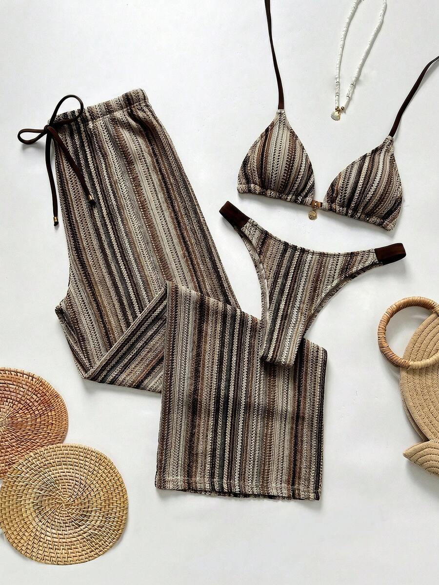 Swim Vcay Women's Summer Brown Boho Beach Patchwork Halter Tie Bikini,Triangle Panty Swimsuit Set With Cover Up Pants,Holiday,Bohemian Vacation Swimwear,2026 - Multicolor - View 1