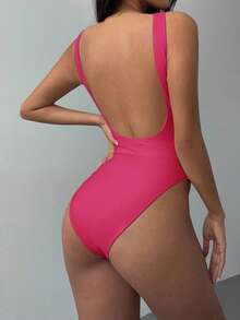 SHEIN BASICS Bodysuit Rajut Polos Kasual Tanpa Punggung untuk Wanita, Warna Pink Cerah untuk Musim Panas - Hot Pink - View 4