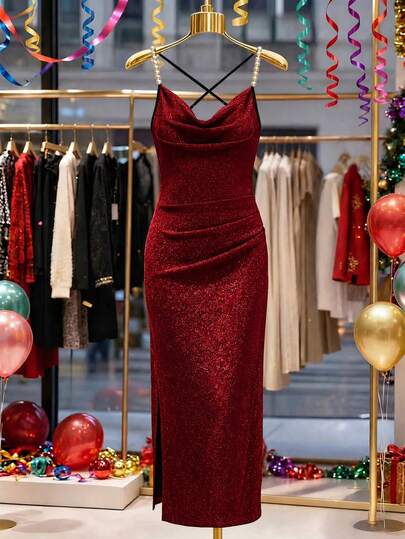 GlowEve CURVE Elegant Knitted Shiny Fabric Spaghetti Strap Draped Neck Backless Slit Bodycon Dress, Beaded Shoulder Strap Design, Suitable For Cocktail Party, Gathering, Date, Bridesmaid, Summer Beach Vacation, Wedding Guest, Women's Party Dress, Summer New Arrival
