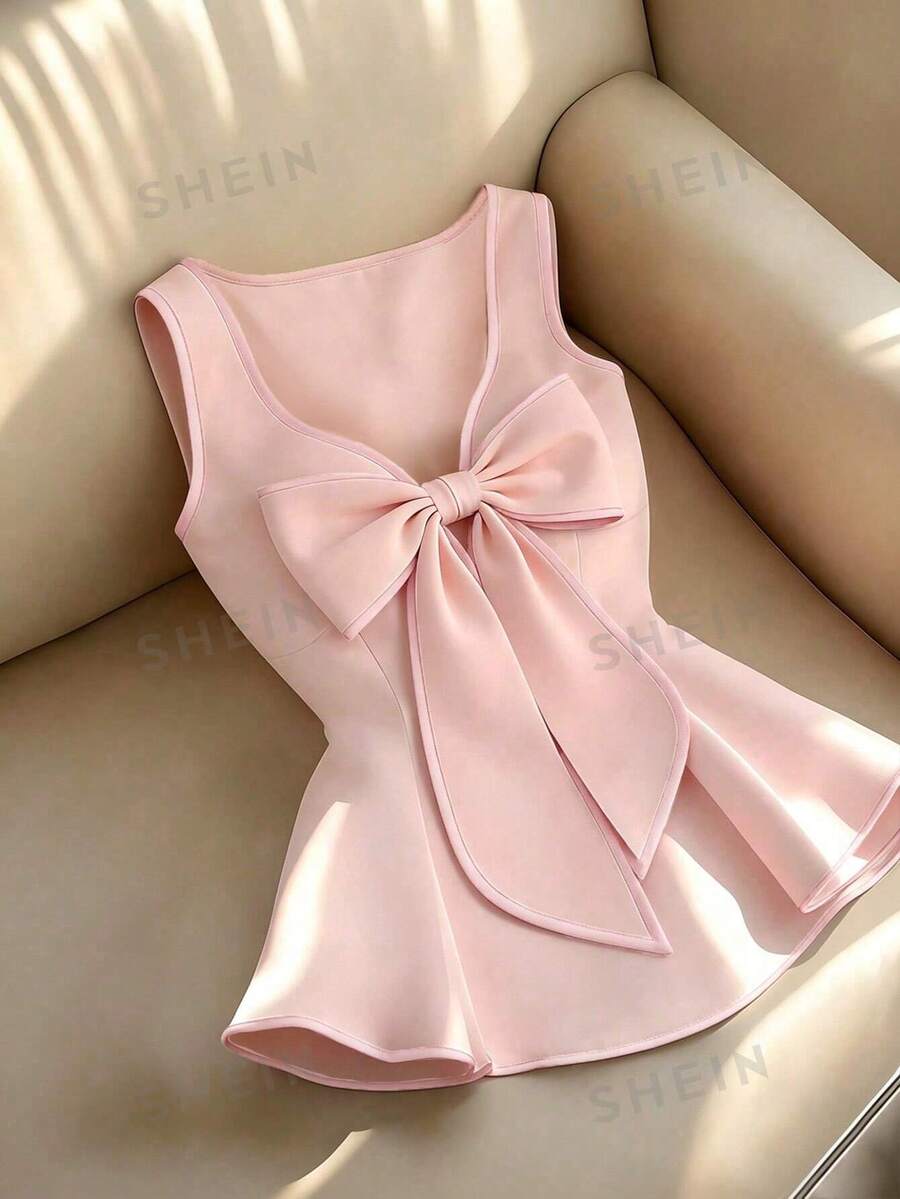 SHEIN Franclia Women's Elegant Contrast Color Trim Bow Decor Camisole Top, Summer - Baby Pink - View 1