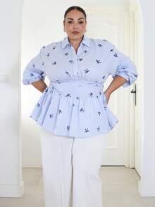 Pretty and Ole Plus Size Striped Collared Ruched Elegant Shirt, Striped Bow Print, Blue Striped Shirt, Ruched Waist, Back Ruched - Blue - View 4