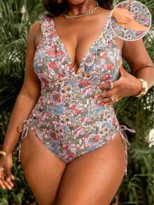 Swim Vcay Plus Size Women 2pcs/Set Random Print Elegant Flounce Tankini Swimwear Vacation Beige Summer - Multicolor - View 4