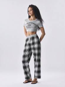 Loungeista Set Piyama Wanita 2 Potong Atasan Lengan Pendek Leher Bulat Bermotif + Celana Panjang Lurus Pinggang Elastis untuk Musim Panas - Grey - View 7