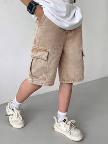 SHEIN Little Byeori 青少年男童字母贴布工装口袋休闲牛仔短裤 - 卡其色 - 查看 7