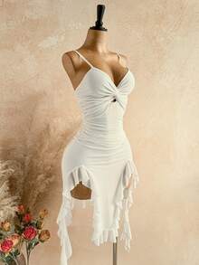 Soleia Plus Size Women's Solid Color Asymmetric Hem Twist Camisole Midi Dress - White - View 10