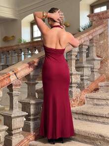 Jeta Ari Elegant Yellow Cream Sexy Deep V-Neck Dress, Yellow Dress, Graceful Long Dress, Spring/Summer,Dresses For Women Party,Valentine's Day,Valentine Outfits For Women - Burgundy - View 2