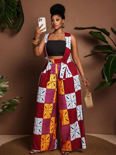 Maweii Plus Size Women's Abstract Colorblock Print Adjustable Strap Pocket Design Elastic Waist Wide Leg Pants, Suitable For Party, Date Night, Vacation, Summer Beach Outfit