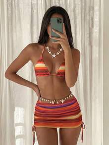 Costavie Bikini de 3 piezas con tapa triangular de cuello halter, estampado de leopardo y sarong con lazos laterales para mujeres - Multicolor - Ver 3