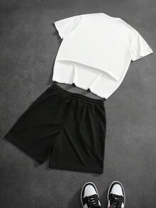 PAVTROS Men's Letter Print Round Neck Short Sleeve T-Shirt And Drawstring Waist Shorts Casual Set - Multicolor - View 2