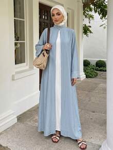 Solavon Women's Elegant Solid Color Beaded Decor Stand Collar Arabic Abaya, Modest Robe - Blue - View 5