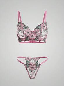 DAZY 2pcs Colorful Floral Lace Semi-Sheer Sexy Lingerie Set For Women - Pink - View 1