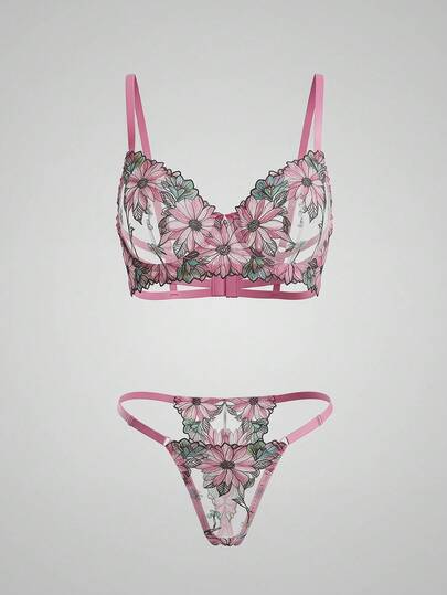 DAZY 2pcs Colorful Floral Lace Semi-Sheer Sexy Lingerie Set For Women