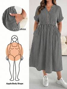 SHEIN Tall CURVE Damen Große Größen V-Ausschnitt gestreiftes gerafftes Casual Party Kleid - Schwarz und Weiss - Übersicht 3