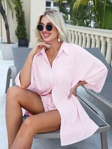 Swim Vcay Áo khoác kimono dáng rộng kẻ sọc, kiểu dáng thường ngày đi biển, thích hợp cho lễ hội âm nhạc, mùa xuân/hè. - Hồng - Xem 4