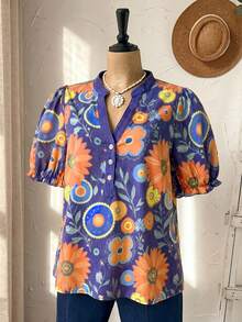 SHEIN CURVE+ 大码女式夏季休闲度假乡村宽松印花V领短袖衬衫上衣，适合夏季/花卉、夏季假期、春假、度假装扮、外出装扮、2026新款服装，简约时尚，日常穿着，休闲度假波西米亚风上衣，花卉衬衫，女士夏季衬衫，复古女式上衣，适合夏季、度假、通勤、日常穿着 - 紫色 - 查看 6