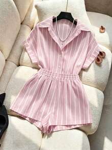 EMERY ROSE Conjunto de Praia de 2 Peças para Mulher, Camisa Solta de Manga Curta com Ombros Caídos e Calções de Cintura Elástica, 51% Algodão, Às Riscas Rosa e Branco, Verão, Casual, Férias e Feriados - Rosa - Ver 4