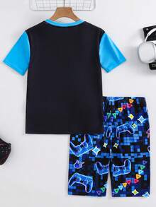 SHEIN Tween Boy 2pcs Snug-Fit Pajama Set - Neon Game Controller Print Round Neck Short Sleeve Top & Shorts, Soft & Skin-Friendly - Multicolor - View 4