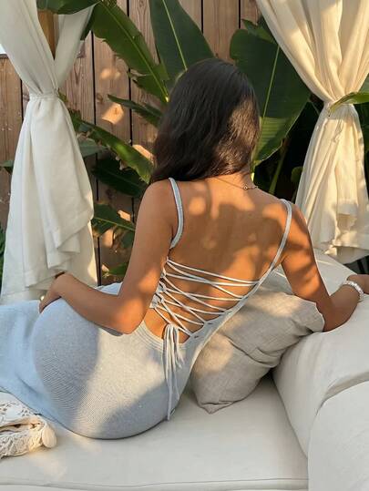 Sunnyshic Robe grise sexy pour femmes avec dos nu et bretelles nouées, style vacances à la plage, soirée, été. Robe polyvalente et à la mode.