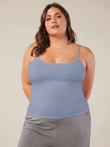 SHEIN BASICS 大码女式纯色修身休闲吊带背心 - 霧霾藍 - 查看 1
