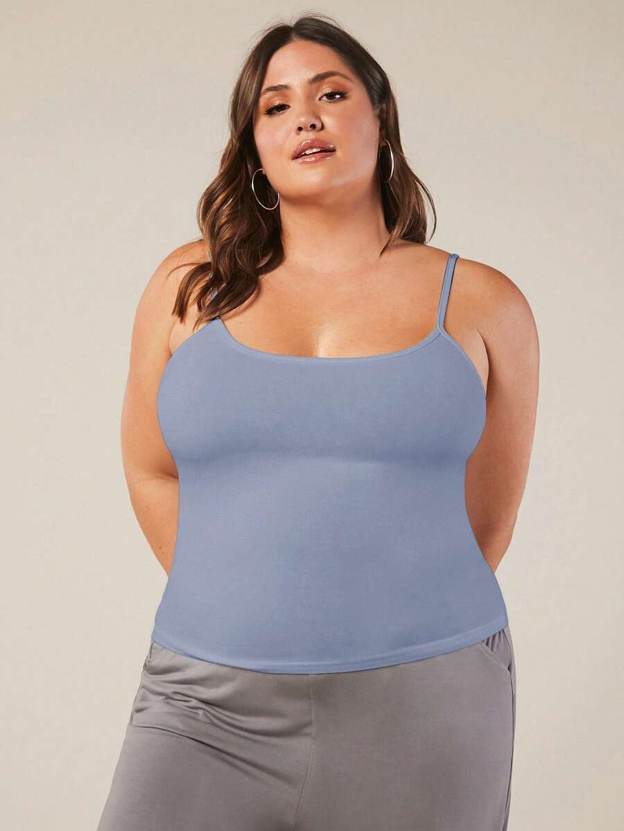 SHEIN BASICS 大码女式纯色修身休闲吊带背心 - 霧霾藍 - 查看 1