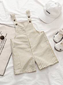 SHEIN Genkimix Kids Quần yếm kẻ sọc phong cách retro tối giản thoải mái đa năng cho bé trai, thích hợp cho mùa hè. - Màu Khaki - Xem 3