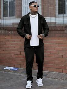 Devon Thys 2pcs Men's Casual Solid Color Shirt With Collar & Pockets + Pants Set, Lightweight Polyester Fabric Leisure Sports Vacation Outfit, Spring/Autumn - Black - View 4