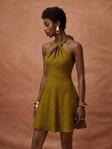 Zivah Women's Textured Pleated Halter Neck Tie Waist Dress, Elegant - Mustard Yellow - View 7