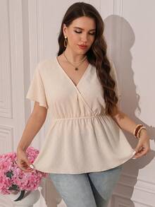 Miaspire Plus Size Women White Summer Elegant Bachelorette Party Tea Party Textured Fabric Ruffle Sleeve V-Neck Blouse Office Work Tops Fitted Shirt - Apricot - View 6