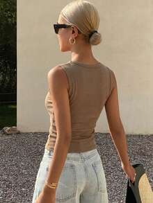 DAZY Women's Square Neck Fitted Ribbed Camisole Top, Summer - Khaki - View 5
