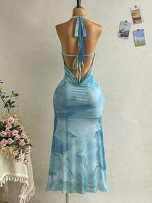Soleia 女士性感浪漫露背系带拼接胸衣金属花朵装饰深V垂褶鱼尾连衣裙，适合海滩、邮轮、度假等场合。 - 彩色 - 查看 2