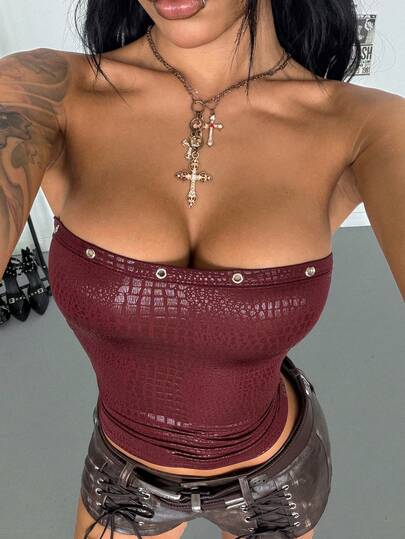 StreetHx Top corto rojo para mujer, diseño "Hot Girl" de HypeZone-D, bustier ajustado con detalle de ojetes, ropa de calle de piel de cocodrilo sintética, top de moda delgado y sexy