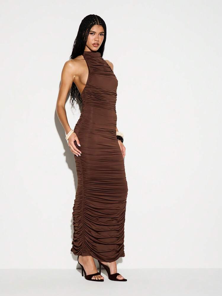 Ruched Halterneck Brown Bodycon Midaxi Dress