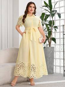 SHEIN Clasi Plus Size Women's Navy Blue Striped Lapel Short Sleeve A-Line Work Commute Dress - Pale Yellow - View 7