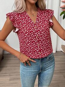 SHEIN Clasi Women's V-Neck All-Over Print Casual Versatile Daily Wear Shirt,Summer Top - Burgundy - View 4
