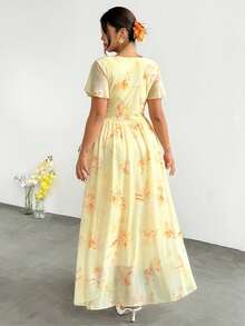 Firerie Plus Size V-Neck Floral Print Casual Vacation Short Sleeve Dress - Apricot - View 2