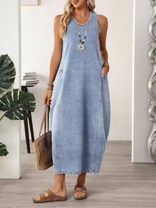 EMERY ROSE Vestido vaquero informal sin mangas de talla grande - Lavado ligero - Ver 6