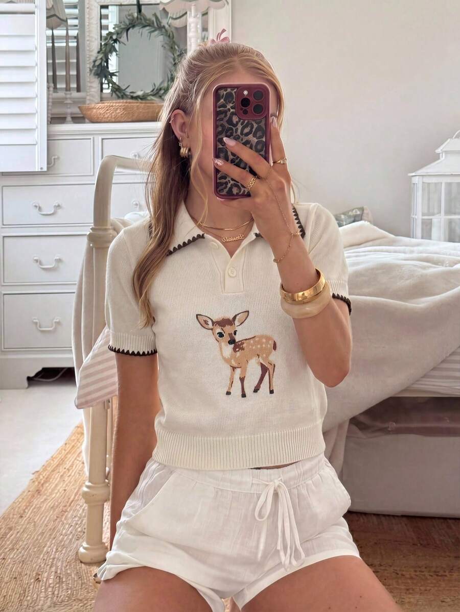 CovetEZ Áo thun dệt kim tay ngắn cổ polo phối màu tương phản họa tiết hươu rừng mùa hè mới, thích hợp cho mùa xuân/hè, đi làm hàng ngày, hẹn hò, dự tiệc, Giáng sinh, Năm mới, Lễ Tạ ơn, Tiệc tùng, Đám cưới, Bãi biển, Lễ tốt nghiệp, Thời trang, Thanh lịch, Thường ngày, Đi chơi, Hẹn hò, Đặt chỗ, Đi làm, Lấp lánh, Ngày Valentine, Sang trọng, Kỳ nghỉ, Thường ngày, Y2K, Đi chơi, Lễ tốt nghiệp - Nhiều màu - Xem 1