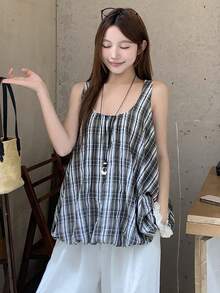 DAZY 宽松格子露背罩衫休闲度假夏季女式上衣 - 灰色 - 查看 6