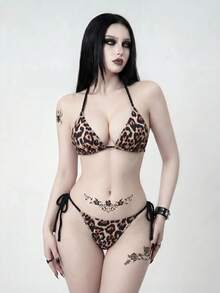 ROMWE Goth Bộ bikini hai mảnh kiểu yếm họa tiết da báo thanh lịch dành cho nữ, thích hợp cho kỳ nghỉ hè, tiệc tùng trên bãi biển, kiểu dáng mới. - Nhiều màu - Xem 5
