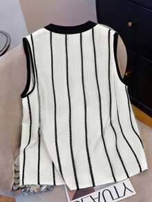SHEIN Franclia 女士通勤风黑白竖条纹无袖衬衫，圆领撞色滚边单排扣修身通勤上衣，撞色滚边优雅复古度假百搭上衣 - 白色 - 查看 2