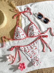 Swim Mod 女士印花挂脖比基尼套装，夏季海滩度假 - 紅白色 - 查看 3