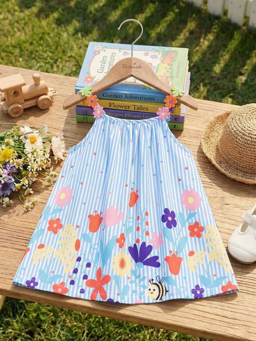 SHEIN Vintaside Kids 女婴彩色花卉丝带拼接条纹A字连衣裙，适合日常休闲和节日场合 - 彩色 - 查看 1