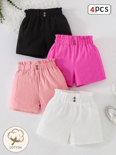 SHEIN Elladie kids Girls 4pcs Solid Color Button Decor Casual Shorts Set, Suitable For Summer Casual, Daily, And Outdoor Wear