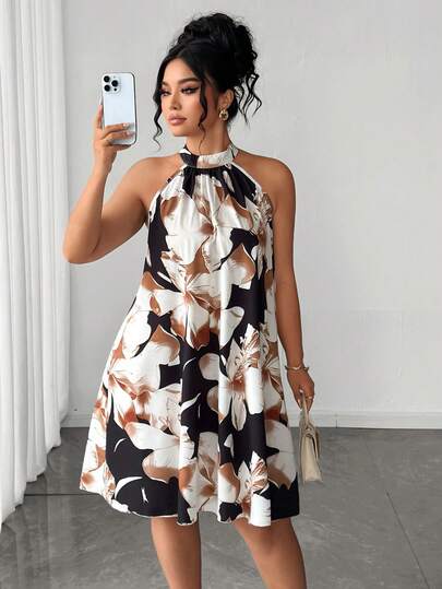 Elenzga Plus Size Women's Elegant Yellow Floral Print Halter Mini Dress, Graceful Maxi Dress Design, Single Shoulder Long Sleeve Elegant Dress, Resort Maxi Dress, Textured Fabric Comfortable Spring Summer Wedding, Music Festival, Mother's Day, Halloween, Thanksgiving, Easter, National Day, Prom, Date Party, Wedding Season, Outdoor