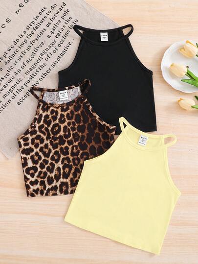 Bộ 3 món áo tank top không tay màu trơn và áo tank top không tay kẻ sọc dành cho bé gái.