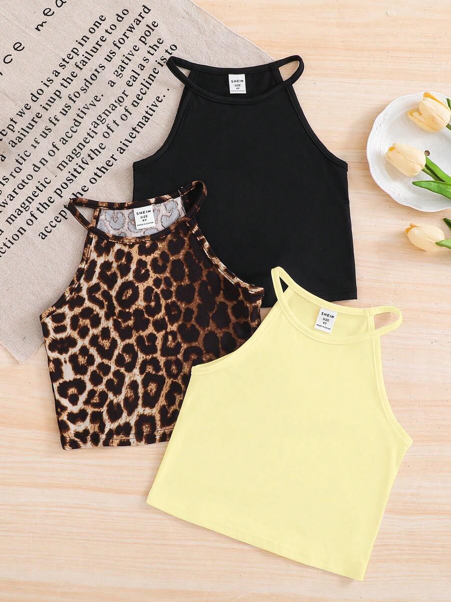 3pcs Young Girl Solid Color Knit Sleeveless Tank Top & Striped Knit Sleeveless Tank Top Set - Multicolor - View 1