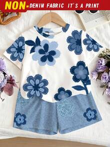SHEIN 2件套，适合4-7岁女童，复古/乡村风渐变蓝色花卉印花+蓝色纹理短袖T恤+短裤，轻盈透气，适合日常、上学、生日派对、野餐、儿童节、春夏秋季穿着。 - 彩色 - 查看 4