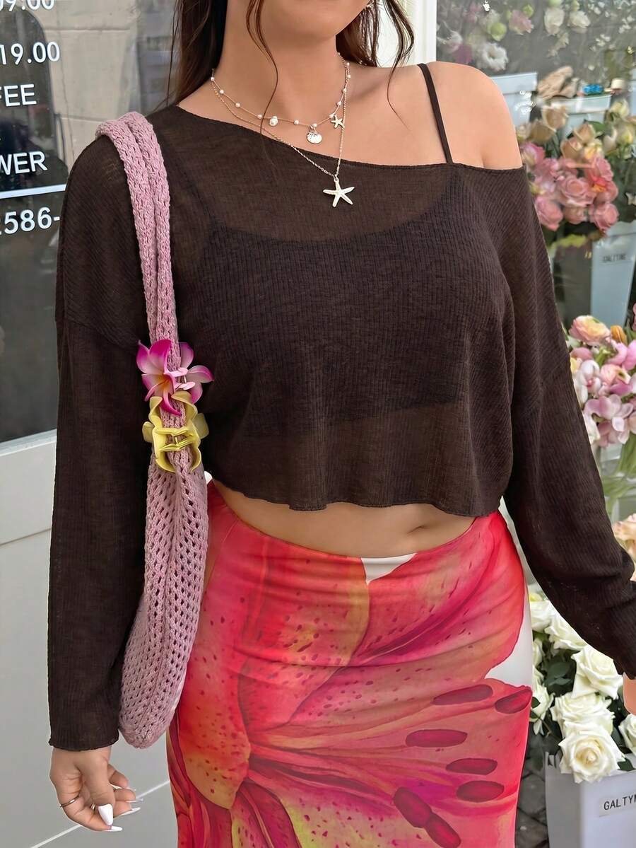 GalTyme Áo croptop dài tay, màu trơn, vai lệch, dáng rộng, phong cách thường ngày dành cho nữ, cỡ lớn. - Màu nâu Sô-cô-la - Xem 1