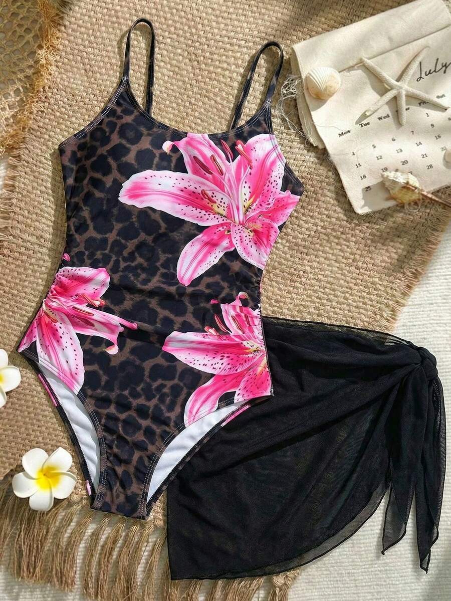 SHEIN 少女风黑色豹纹印花细肩带连体泳衣,腰部收褶,裹身裙摆设计;适合度假和海滩休闲的泳装套装,春夏新款柔软时尚Tankini泳衣,搭配泳装罩衫。 - 彩色 - 查看 1